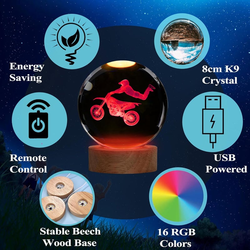 Posshe Dirt Bike Night Light, Dirt Bike Gifts, 3D Crystal Ball Dirt Bike Lamp with Remote Upgraded 3.15 Inch with 16 Color for Birthday Xmas Cool Figurines Motor Bike Gifts for Room Decor Boys Girls - Image 4